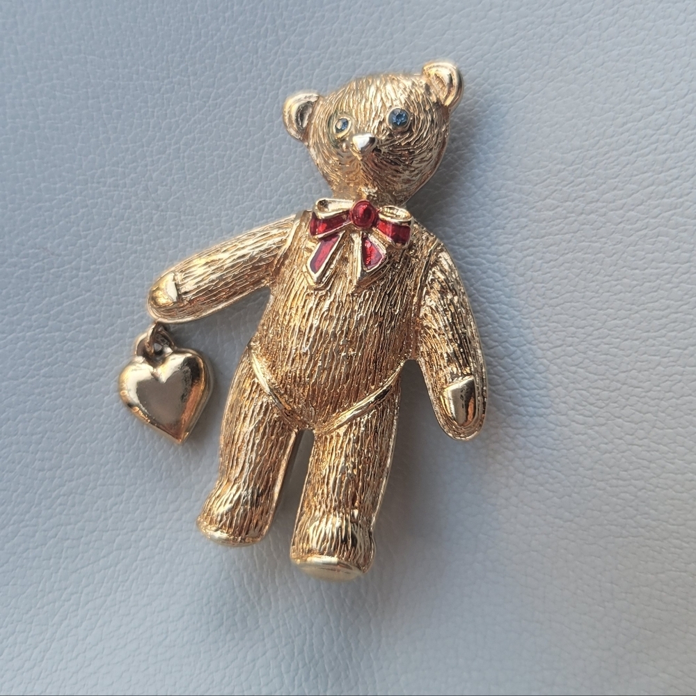 Carolee Gold-Tone Blue Rhinestone Teddy Bear W/ Heart Dangle Charm Brooch